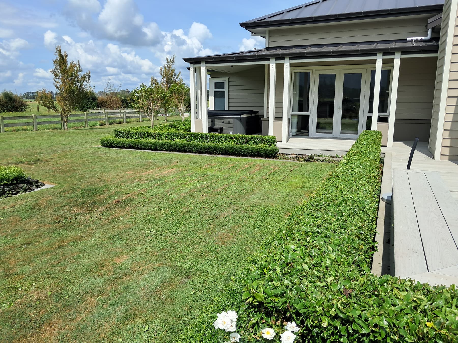 Villa lawn with low buxus hedge, blue sky