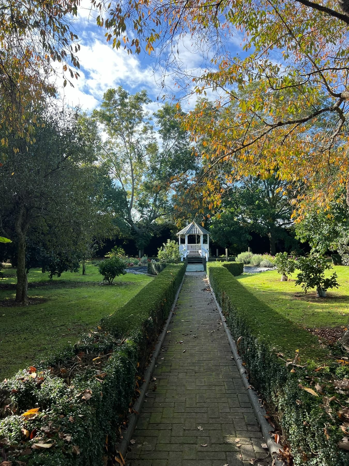 Formal garden path between hedges to gazebo